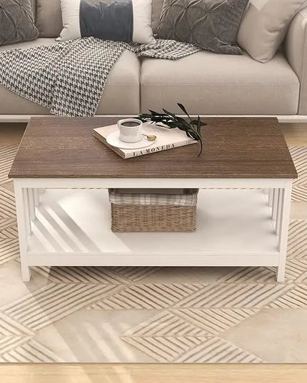 ChooChoo Farmhouse Coffee Table, White Living Room Table with Shelf, 40 Inch - LeafyLoom