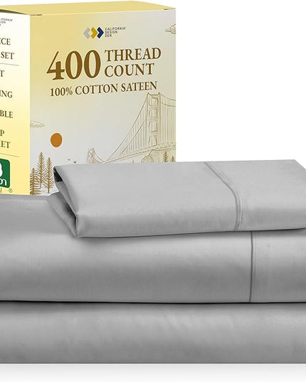 California Design Den Softest 100% Cotton Sheets, Twin XL Sheets Set, 3 Pieces, 400 Thread Count Sateen Bedding, Dorm Rooms & Adults, Deep Pocket Sheets, Cooling Sheets (Light Grey) - LeafyLoom