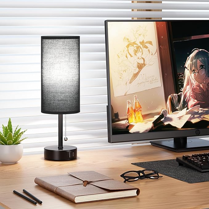 Black Bedside Lamp for Bedroom Nightstand - Small Table Lamp with USB A + C Charging Port, 3 Color Temperatures Pull Chain Night Stand Light with Bulb， Side Table Desk Reading Lamp for Living Room - LeafyLoom