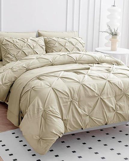 LANE LINEN California King Comforter Set, 7 Piece Cal King Bed in a Bag, Pintuck Cal King Bedding Set, Soft Cali King Bed Set, Cal King Bedding Comforter Sets with Sheets, Pillowcases & Shams - Linen - LeafyLoom