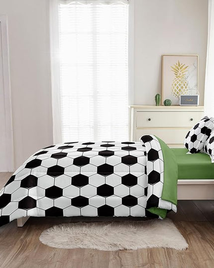 Soccer Comforter Set Twin for Boys Girls, 4 Pieces Soccer Bedding Twin Bed in a Bag Set with Sheets, Black and White Bed Sets for Teenage - LeafyLoom