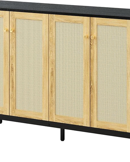 Storage Cabinet, Large Capacity Four-Door Rattan Sideboard with Adjustable Partitions, Metal Cabinet Legs, Modern Elegant Design Accent Cabinet Suitable for Home Office Bar Cafe (Black) - LeafyLoom