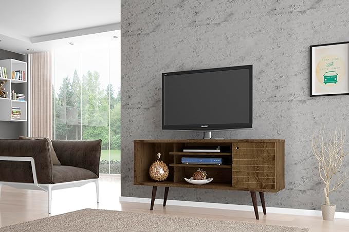 Manhattan Comfort Liberty Mid Century Modern TV Stand for Televisions up to 50 Inches, Bedroom and Living Room Entertainment Center with Storage, Shelves, and Cabinet, 53" Wide, Rustic Brown - LeafyLoom