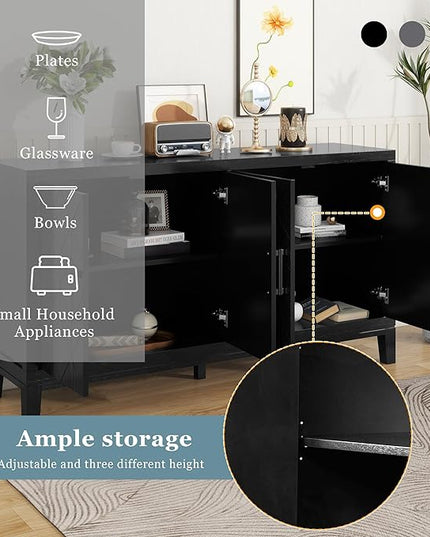 60" 4 Door Retro Sideboard with Adjustable Shelves,Wood Diamond-Shaped Lattice Pattern Storage Buffet Cabinet,w/ 4 Long Handle,for Living Dining Room,Black - LeafyLoom