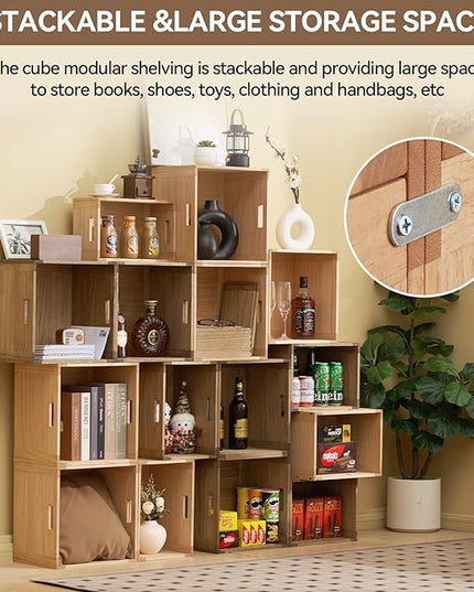 KIRIGEN Stackable Wood Storage Cube/Basket/Bins Organizer for Home Books Clothes Toy Modular Open Cubby Storage System - Office Cubical Bookcase Closet Shelves C26-DBR - LeafyLoom