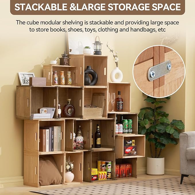 KIRIGEN Stackable Wood Storage Cube/Basket/Bins Organizer for Home Books Clothes Toy Modular Open Cubby Storage System - Office Cubical Bookcase Closet Shelves C26-DBR - LeafyLoom