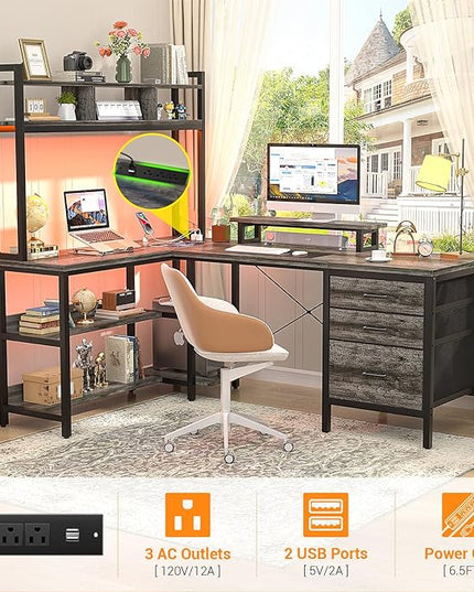 Aheaplus L Shaped Desk with Hutch, Gaming Desk with Led Lights, Reversible Computer Desk with Power Outlet, Corner Desk with File Drawer & Monitor Stand, Storage Shelves for Home Office, Black Oak - LeafyLoom