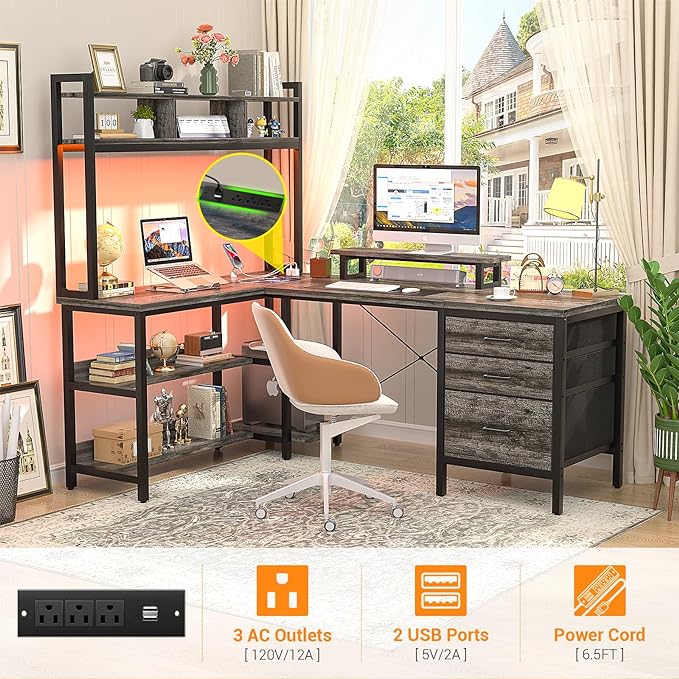 Aheaplus L Shaped Desk with Hutch, Gaming Desk with Led Lights, Reversible Computer Desk with Power Outlet, Corner Desk with File Drawer & Monitor Stand, Storage Shelves for Home Office, Black Oak - LeafyLoom