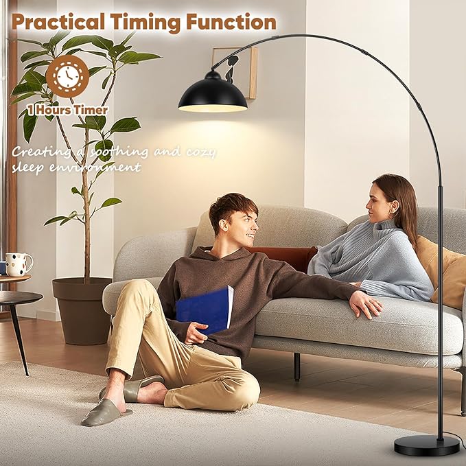 Arc Floor Lamp for Living Room with Remote, 78” Black Standing Lamp with LED Bulb, Stepless Dimmable Color Temperature & Brightness Corner Lamp, Modern Over Couch Tall Reading Light for Bedroom Office - LeafyLoom