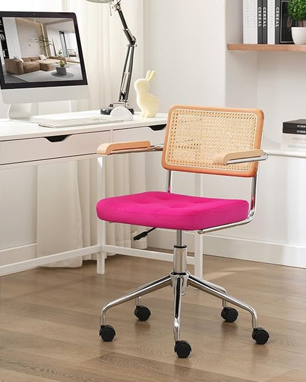 Zesthouse Modern Home Office Chair Velvet Desk Chair with Natural Rattan Back, Vanity Chair for Girls Women, Upholstered Tufted Swivel Armchair, Height Adjustable Computer Task Chair, Rose Red - LeafyLoom