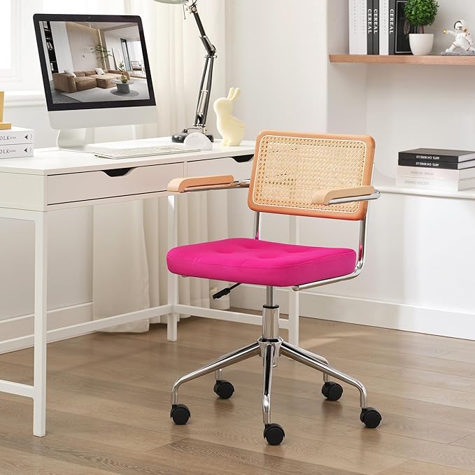 Zesthouse Modern Home Office Chair Velvet Desk Chair with Natural Rattan Back, Vanity Chair for Girls Women, Upholstered Tufted Swivel Armchair, Height Adjustable Computer Task Chair, Rose Red - LeafyLoom