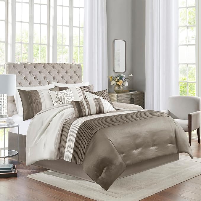 Madison Park Amherst 7 Piece Full Comforter Set, Khaki, Natural - LeafyLoom
