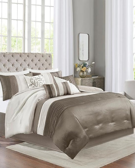 Madison Park Amherst Faux Silk Comforter Set-Casual Contemporary Design All Season Down Alternative Bedding, Matching Shams, Bedskirt, Decorative Pillows, Cal King(104"x92"), Natural, 7 Piece - LeafyLoom