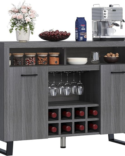 DWVO Coffee Bar Cabinet, 47" Modern Sideboard Buffet Cabinet with Storage, Wine Bar Cabinets with Wine and Glass Rack, Console Table for Kitchen & Living Room, Grey Oak - LeafyLoom