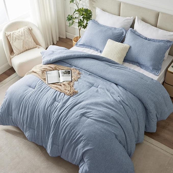 CozyLux King Size Comforter Set - 3 Pieces Blue Soft Luxury Cationic Dyeing Bedding Comforter for All Season, Breathable Lightweight Fluffy Bed Set with 1 Comforter and 2 Pillow Shams - LeafyLoom