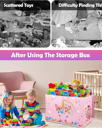 Large Toy Box Chest, Collapsible Sturdy Toy Storage Organizer for Kids, Boys, Girls, 25"x13"x16" Toy Chest Storage Bins with Lids Toy Bins Baskets Boxes for Living Room, Playroom, Nursery, Pink - LeafyLoom