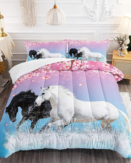 Kid Horse Comforter Set Room Floral Animal Theme Handsome Horse Chic Cherry Blossom Bedding Set 3D Wild Animal Decor Quilt Set for Girls Adult, 1 Comforter + 2 Pillowcases - LeafyLoom