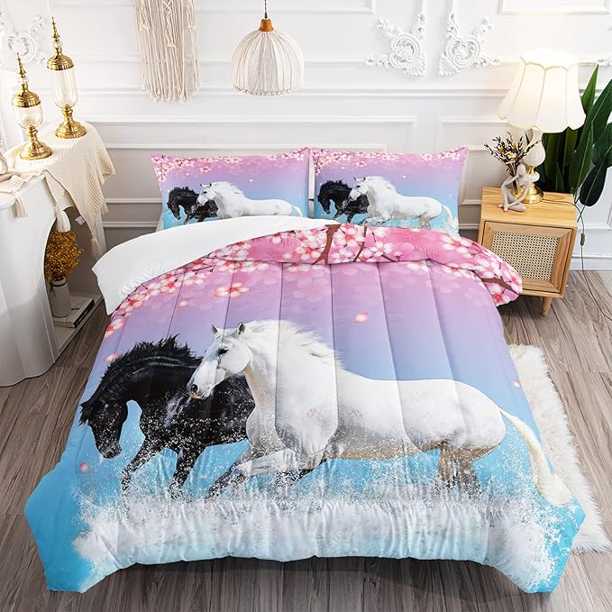 Kid Horse Comforter Set Room Floral Animal Theme Handsome Horse Chic Cherry Blossom Bedding Set 3D Wild Animal Decor Quilt Set for Girls Adult, 1 Comforter + 2 Pillowcases - LeafyLoom