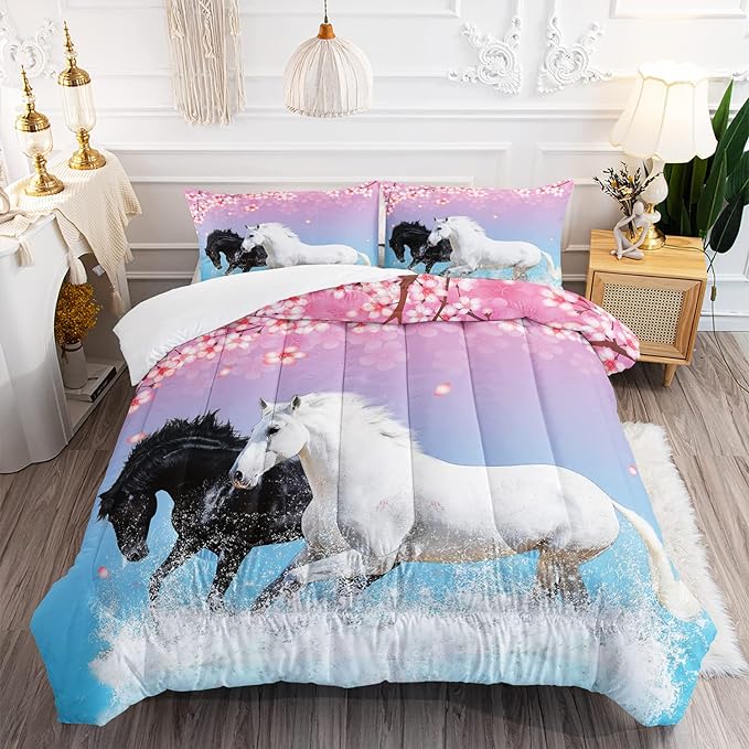 Kid Horse Comforter Set Room Floral Animal Theme Handsome Horse Chic Cherry Blossom Bedding Set 3D Wild Animal Decor Quilt Set for Girls Adult, 1 Comforter + 2 Pillowcases - LeafyLoom