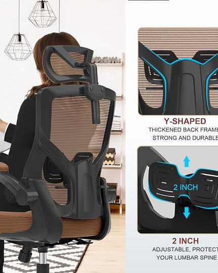 𝑯𝑶𝑴𝑬 𝑶𝑭𝑭𝑰𝑪𝑬 𝑪𝑯𝑨𝑰𝑹, Ergonomic Mesh Desk Chair, High Back Computer Chair- Adjustable Headrest with Flip-Up Arms, Lumbar Support, Swivel Executive Task Chair (Mummy Brown, Modern) - LeafyLoom