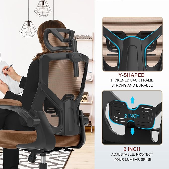 𝑯𝑶𝑴𝑬 𝑶𝑭𝑭𝑰𝑪𝑬 𝑪𝑯𝑨𝑰𝑹, Ergonomic Mesh Desk Chair, High Back Computer Chair- Adjustable Headrest with Flip-Up Arms, Lumbar Support, Swivel Executive Task Chair (Mummy Brown, Modern) - LeafyLoom