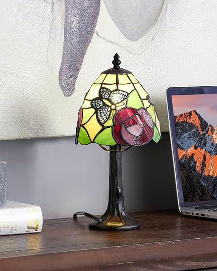 Stained Glass Butterfly with rose Design Table or Desk Light, Tiffany Style mini table Lamp-LED Bulb Included-Vintage Look Colorful Accent Decor - LeafyLoom