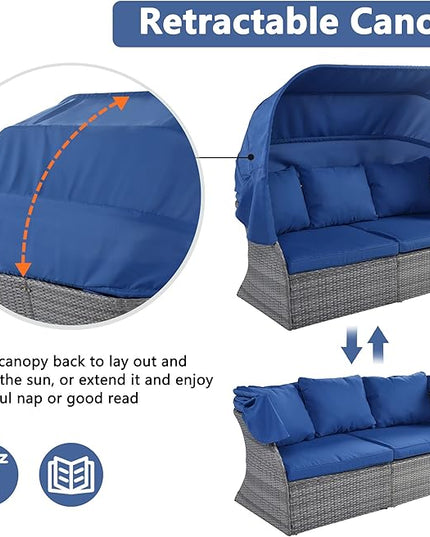 Rectangle Furniture Daybed Sunbed with Retractable Canopy, Outdoor Wicker Conversation Set with Cushions for Patio, Backyard, Porch, Garden, Bc-Blue + Rattan - LeafyLoom