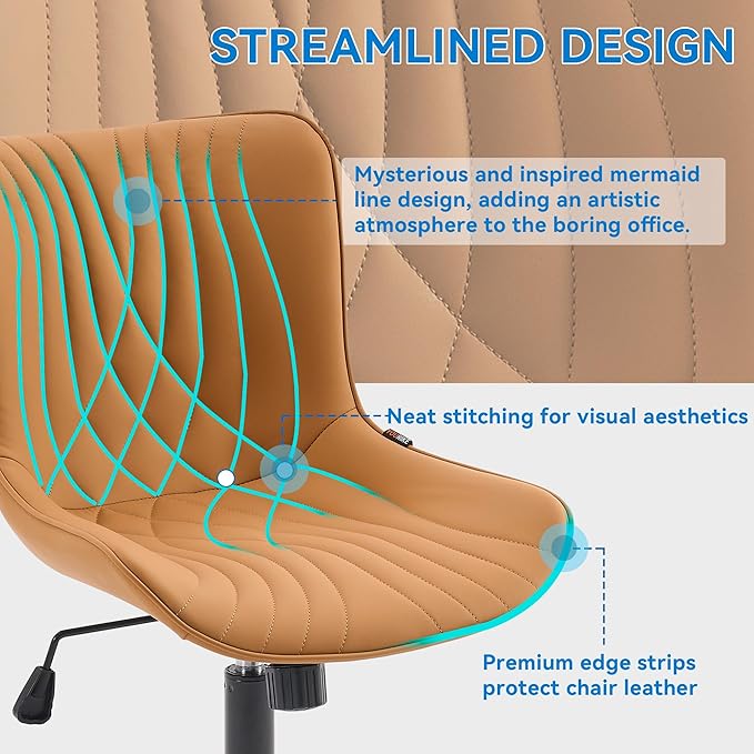 YOUNIKE Office Chair, Armless Desk Chair with Wheels, Home Office Computer Task Chairs, Modern Faux Leather Upholstered Vanity Chair, Adjustable Swivel Rocking Chair with Back, Saffron Tan - LeafyLoom