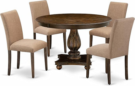 East West Furniture F2AB5-747 Ferris 5 Piece Room Furniture Set Includes a Round Dining Table with Pedestal and 4 Light Sable Linen Fabric Upholstered Chairs, 48x48 Inch - LeafyLoom