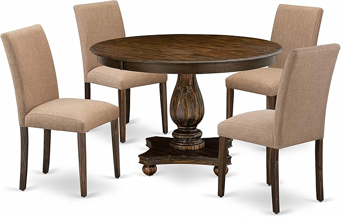 East West Furniture F2AB5-747 Ferris 5 Piece Room Furniture Set Includes a Round Dining Table with Pedestal and 4 Light Sable Linen Fabric Upholstered Chairs, 48x48 Inch - LeafyLoom