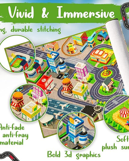 Kids Carpet Playmat City Life 3D Playroom Rug | 30 x 60 Inch Extra Large Toddler Activity Mat for Race Cars & Toys | Playroom Rug Makes a Fun Educational Gift Idea for Boys & Girls - LeafyLoom