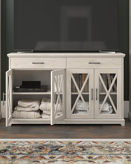 Bush Furniture Lennox Farmhouse Stand for 75 Inch TV | Living Room Entertainment Center with Storage, 60W, Linen White Oak - LeafyLoom