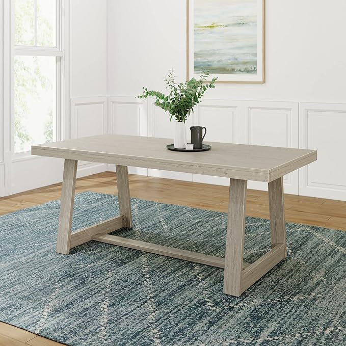 Plank+Beam 72 Inch Farmhouse Dining Table, Solid Wood Rustic Kitchen Table, Large Wooden Rectangular Dinner Table for Dining Room, Home Office, Living Room Furniture, Easy Assembly, Seashell Wirebrush - LeafyLoom