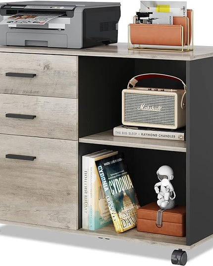 DEVAISE 3-Drawer Wood File Cabinet, Mobile Lateral Filing Cabinet, Printer Stand with Open Storage Shelves for Home Office, Greige - LeafyLoom