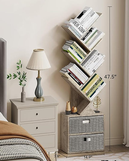 Vagusicc 6 Tier Tree Bookshelf, Modern Floor Standing Bookcase with Storage Drawer, Space Saving Storage Organizer Book Shelves for Books, Tall Wood Storage Rack for Bedroom/Living Room/Home Office - LeafyLoom