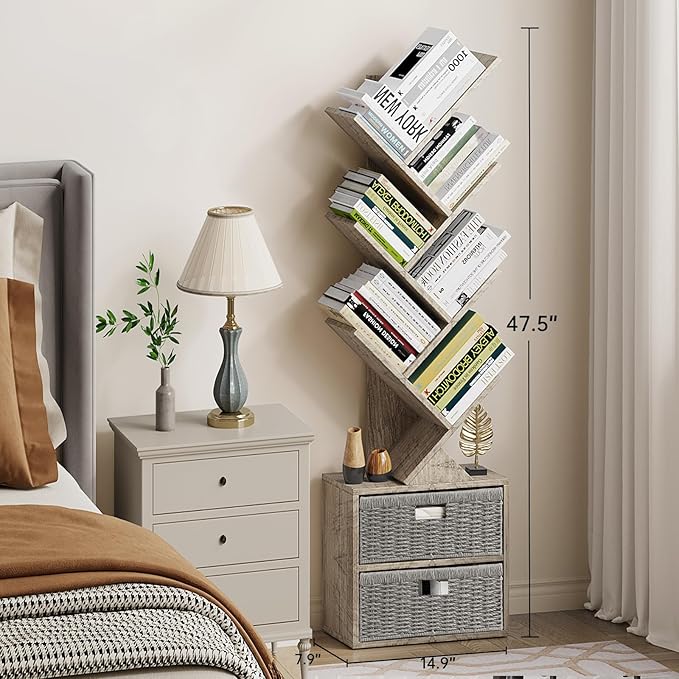Vagusicc 6 Tier Tree Bookshelf, Modern Floor Standing Bookcase with Storage Drawer, Space Saving Storage Organizer Book Shelves for Books, Tall Wood Storage Rack for Bedroom/Living Room/Home Office - LeafyLoom