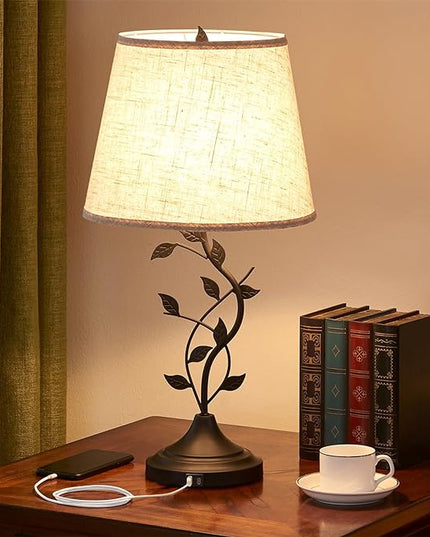 Kakanuo USB Charging Bedside Nightstand Lamp for Living Room and Bedroom - Traditional Tall Retro Desk Lamp with USB-A and USB-C Ports - LeafyLoom