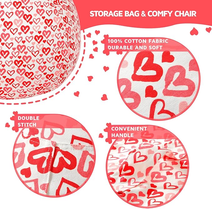 Wekapo Stuffed Animal Storage Bean Bag Chair Cover for Kids | Stuffable Zipper Beanbag for Organizing Children Plush Toys Large Premium Cotton Canvas (Heart, X-Large) - LeafyLoom