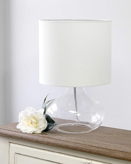 Simple Designs LT2063-CLW Small Glass Raindrop Bedside Table Lamp with White Fabric Shade, Clear - LeafyLoom