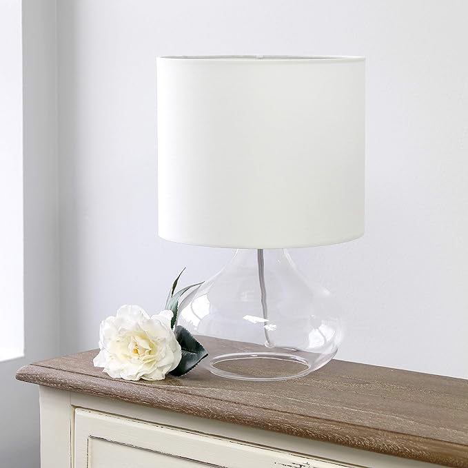 Simple Designs LT2063-CLW Small Glass Raindrop Bedside Table Lamp with White Fabric Shade, Clear - LeafyLoom