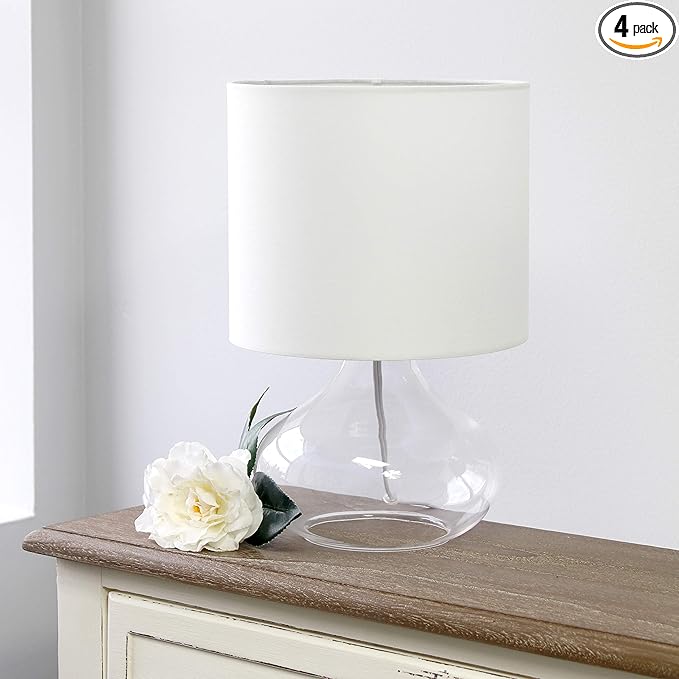 Simple Designs LT2063-CLW Glass Raindrop Bedside Table Lamp with White Fabric Shade, Clear (Pack of 4) - LeafyLoom