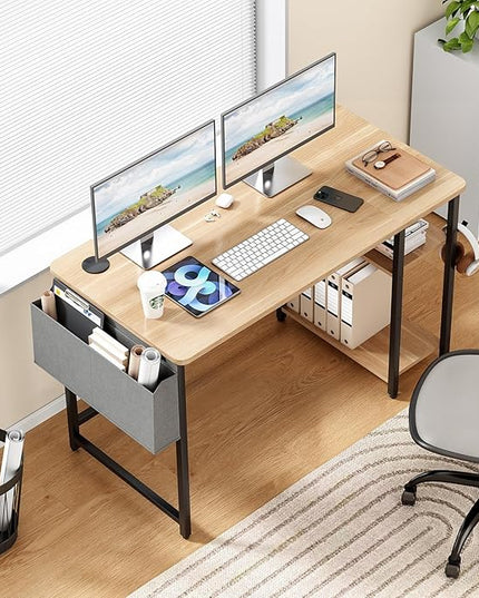 Computer Desk, 47.2” Home Office Desks, Modern Small Desk for Bedroom, Gaming Desk with Iron Hook and Height Adjustable Feet, Sturdy Student Writing Desk with Storage Bag, Storage Shelves - LeafyLoom