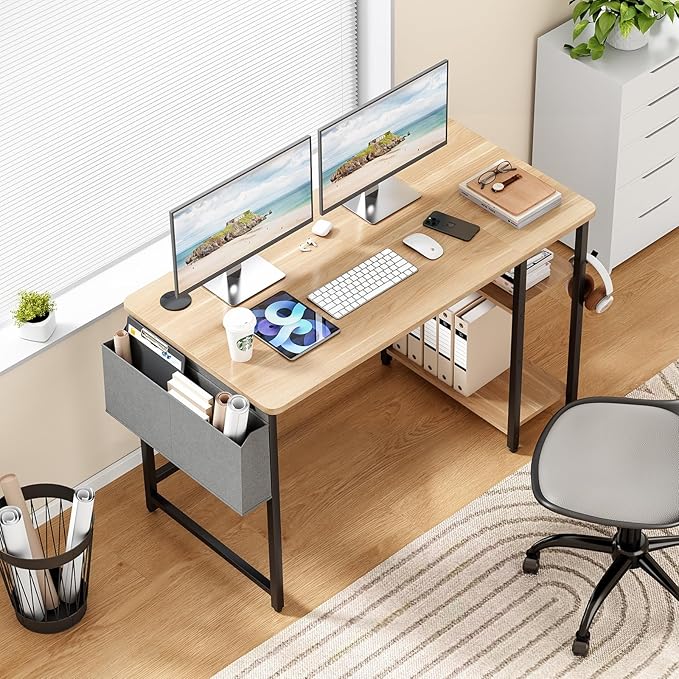 Computer Desk, 47.2” Home Office Desks, Modern Small Desk for Bedroom, Gaming Desk with Iron Hook and Height Adjustable Feet, Sturdy Student Writing Desk with Storage Bag, Storage Shelves - LeafyLoom