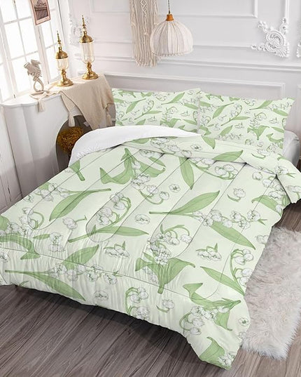 kxry Green Flower Comforter Sets Bedding Sets Full Size Comforter Set for Girls Women Kids 1 Comforter + 2 Pillow Case - LeafyLoom
