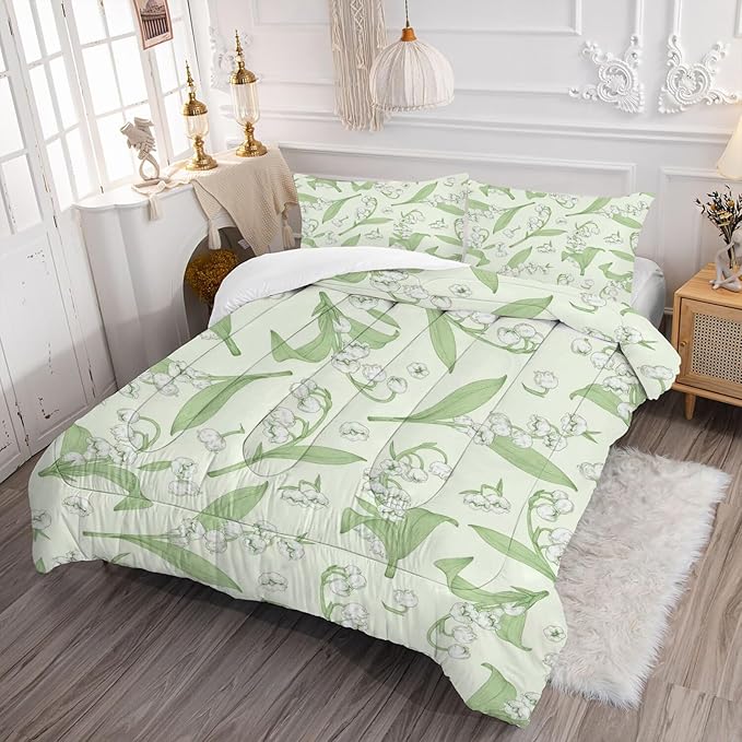 kxry Green Flower Comforter Sets Bedding Sets Twin Size Comforter Set for Girls Women Kids 1 Comforter + 1 Pillow Case - LeafyLoom