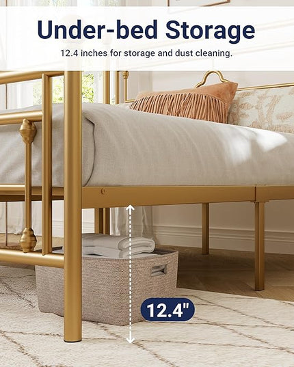 Allewie Full Size Metal Platform Bed Frame with Victorian Vintage Headboard and Footboard/Mattress Foundation/Under Bed Storage/No Box Spring Needed/Noise-Free/Easy Assembly, Gold - LeafyLoom