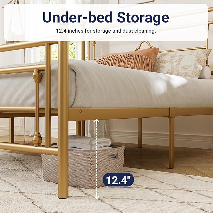 Allewie Queen Size Metal Platform Bed Frame with Victorian Vintage Headboard and Footboard/Mattress Foundation/Under Bed Storage/No Box Spring Needed/Noise-Free/Easy Assembly, Gold - LeafyLoom