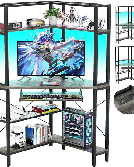 Cyclysio Small Corner Desk with Hutch, Corner Gaming Desk with LED Light & Power Outlets, Computer Desk with Keyboard Tray, Triangel Desk for Small Space, Home Office, Workstation, Grey - LeafyLoom