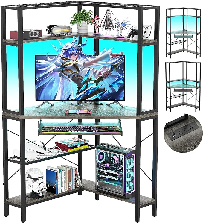 Cyclysio Small Corner Desk with Hutch, Corner Gaming Desk with LED Light & Power Outlets, Computer Desk with Keyboard Tray, Triangel Desk for Small Space, Home Office, Workstation, Grey - LeafyLoom