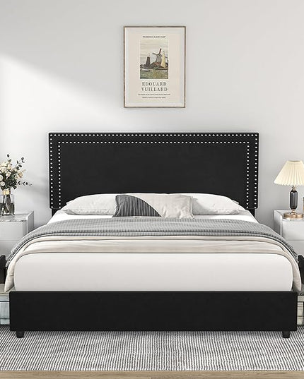 VECELO Full Size Upholstered Platform Bed Frame with 4 Storage Drawers, Adjustable Velvet Rivets Headboard, Wooden Slats Support, No Box Spring Needed, Easy Assembly - LeafyLoom